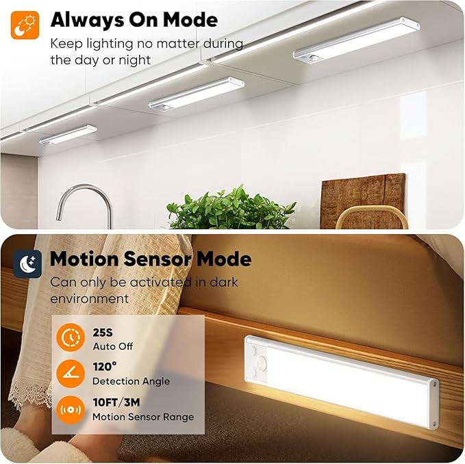 5-Pack Under Cabinet Lighting, 1800mAH Rechargeable Battery Operated Motion Sensor Lights Indoor with 3 Color Temperature, Dimmable Wireless Magnetic Under Counter Closet Lights for Kitchen, Stairs