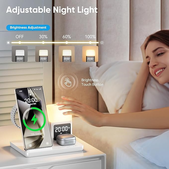 6 in 1 Wireless Charging Station for Samsung Android with Clock & Night Light，Alarm Clocks for Bedrooms,Wireless Charger Stand Beside Clock for Galaxy S26 S25 S24 Ultra Galaxy Watch Galaxy Buds