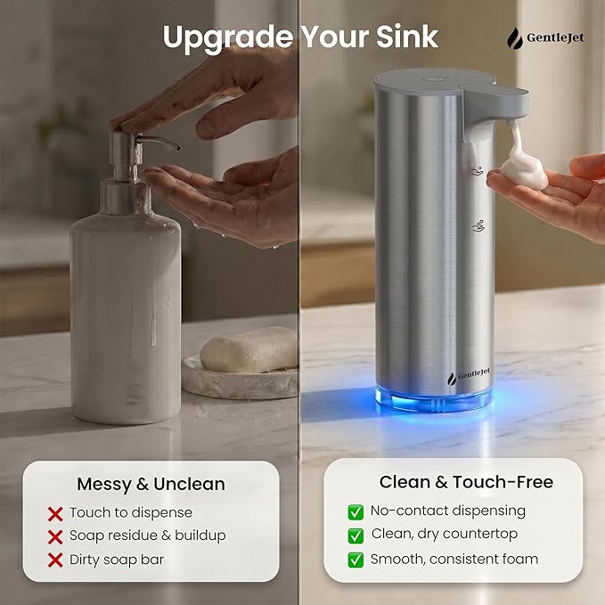 GentleJet EasyFoam Automatic Foaming Soap Dispenser, Touchless USB-C Rechargeable Sensor Pump, 304 Stainless Steel, Adjustable Foam, IPX5 Water-Resistant for Bathroom & Kitchen, 10 fl oz / 300 mL