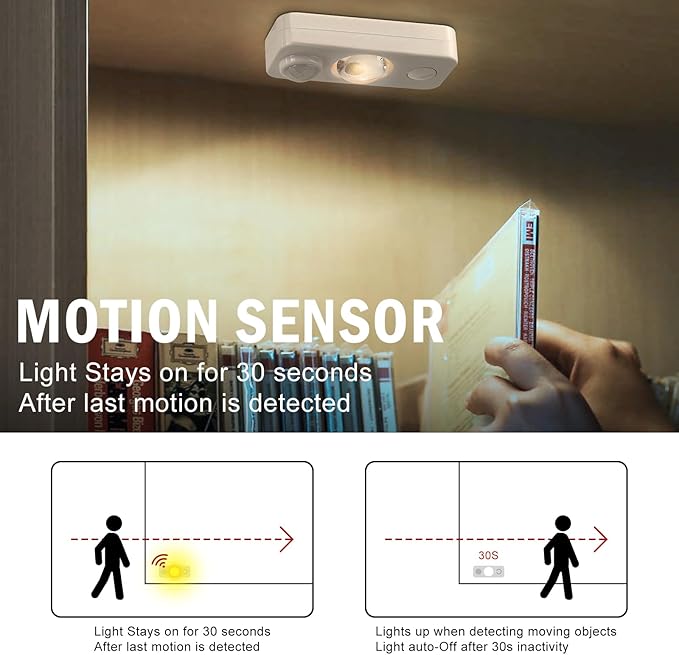 LED Motion Sensor Puck Lights, Rechargeable Under Cabinet Lighting Wireless Daylight White, Dimmable Night Light, Under Counter Lights for Kitchen, Display Shelf, Closets (4 Pack)