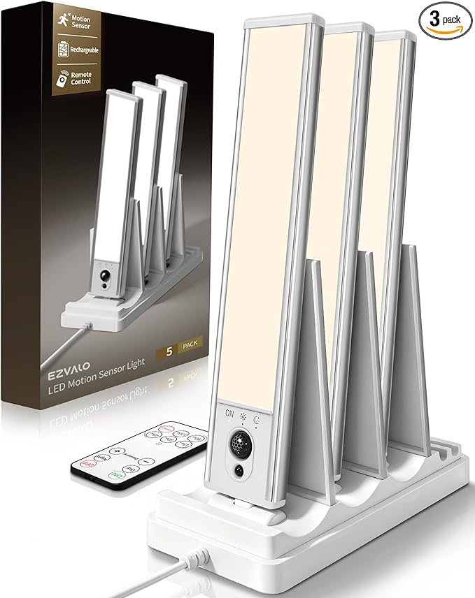 EZVALO Under Cabinet Lighting with Charging Station, Rechargeable Motion Sensor Light Indoor, Dimmable Closet Lights Wireless, 3000K, Motion Activated Under Counter Lights for Kitchen,Pantry(3 Pcs)