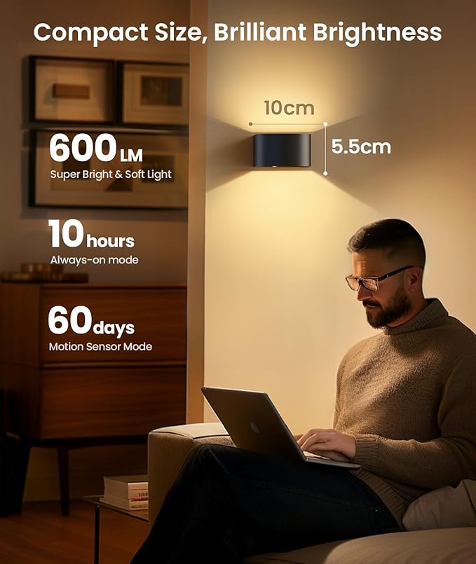 FULEN 4 Pack Motion Sensor Wall Lamp with Remote Control 3 Colors Wireless Wall Light LED Indoor Up and Down Wall Sconce 5000mAh Rechargeable Battery Powered Wall Lamps Brightness Adjustable,Black