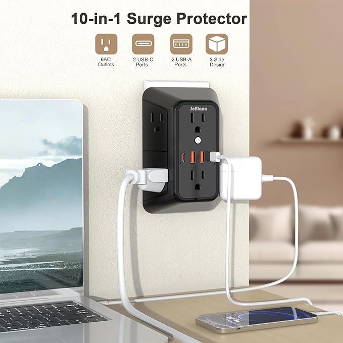 JcBlaon 3 Pack Outlet Extender Surge Protector, 6 Outlet Splitter with 4 USB Ports (2 USB C),1050J 3-Sided Multi Plug Wall Outlet, USB Wall Charger for Home Office Kitchen Travel（Black）