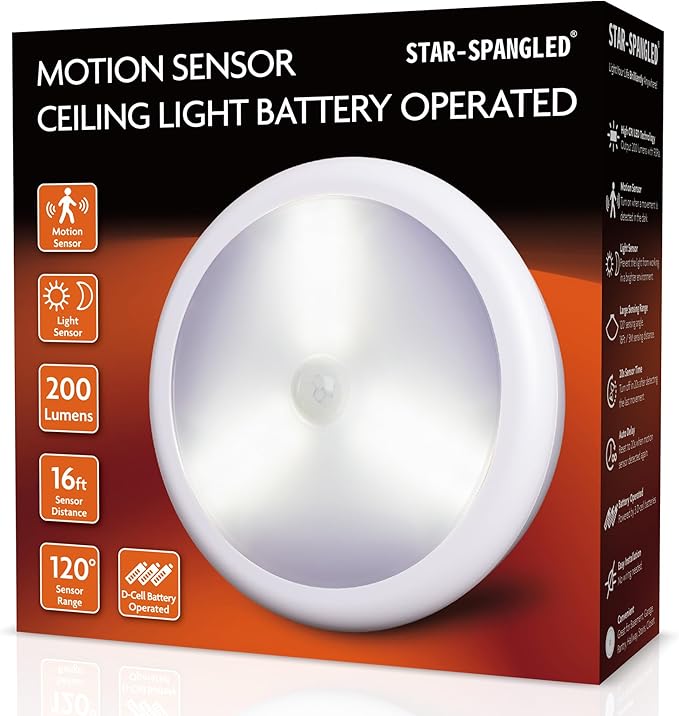 STAR-SPANGLED 6.3” Motion Sensor Ceiling Light Indoor AA or D-Cell Battery Operated for Hallway, Stairs, Basement, Garage, Laundry Area, Closet, Natural White, AA to D Battery Adapters Included