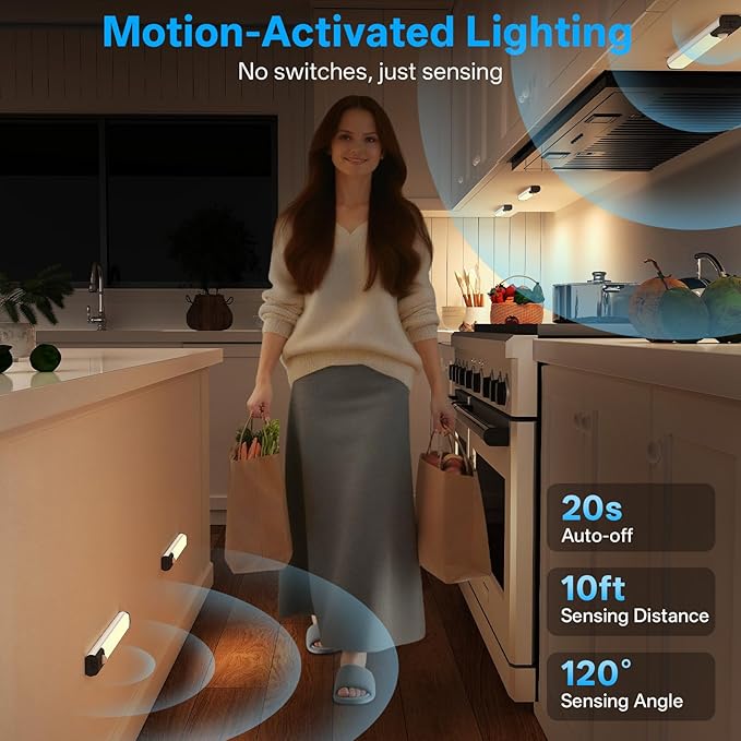 Under Cabinet Lighting,LED Closet Lights,Rechargeable Motion Sensor Light Indoor,3 Colors Dimmable,Magnetic Installation for Kitchen,Wardrobe,Bedroom,Drawer 6Pack
