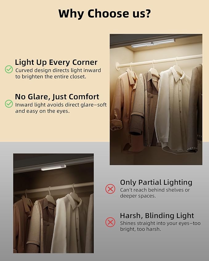 EZVALO 15-inch Motion Sensor Closet Light, 1800mAh Rechargeable Battery-Operated LED Light, Rotatable Sensor, 3 Color Temperatures & Stick-On Light for Closet, Pantry, Stairs
