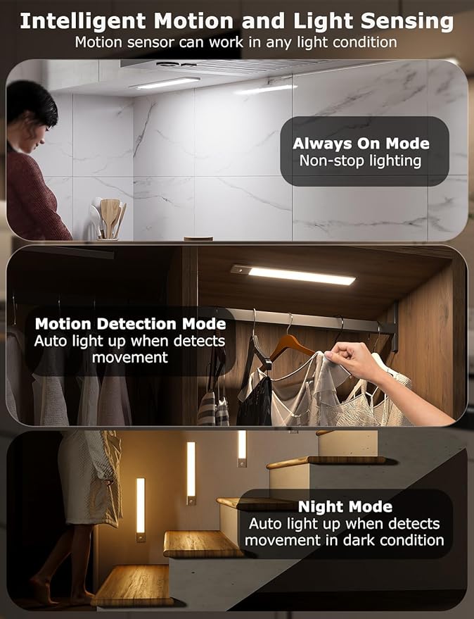 12" Ultra-Thin Under Cabinet Lighting Wireless, Aluminum Alloy Under Counter Lights for Kitchen, 3-Color-Temps Magnetic Closet Lights, Rechargeable Motion Sensor Light Indoor (2Pack, Silver)