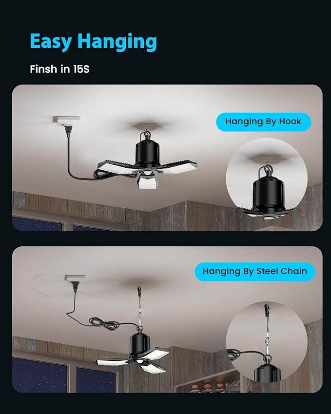 Garage Motion Sensor Lights Plug-in 2Pack, 8000LM Super Bright Motion Activated LED Shop Light, 360° Detection & Retractable Steel Wire, Indoor Motion Light Bulb for Attic/Barn