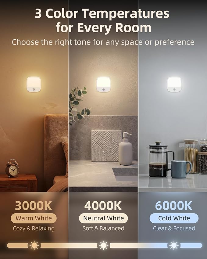 EZVALO Rechargeable Motion Sensor Night Lights, 2 Pack Magnetic Stick-On LED Lights with 3 Color Temperatures, Adjustable & Memory, Cordless Night Light for Closet, Bedroom, Hallway, Stairs, Bathroom