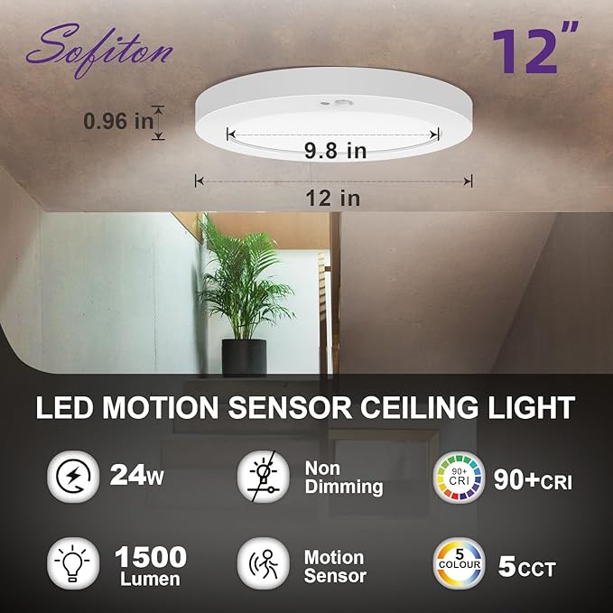 Motion Sensor Ceiling Light, 5CCT Selectable 24W 1500LM, 12 Inch LED Flush Mount Light Fixture Hard Wired, Motion Activated Lights Indoor for Hallway, Stairs, Laundry, Non-Dimmable - 1PK