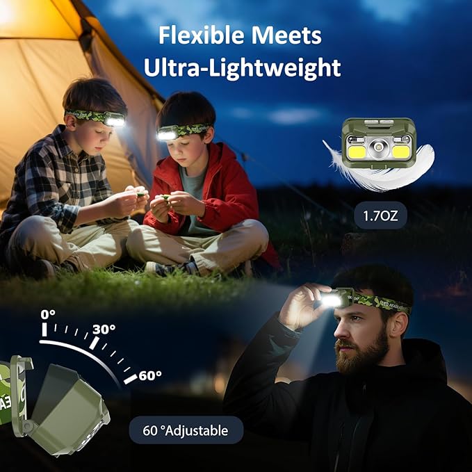 LHKNL Headlamp Rechargeable, Lumen Super Bright Motion Sensor Head Lamp Flashlight,2-Pack Waterproof LED Headlight with White Red Light,8 Modes Head Lights for Camping Cycling Running Fishing-Green