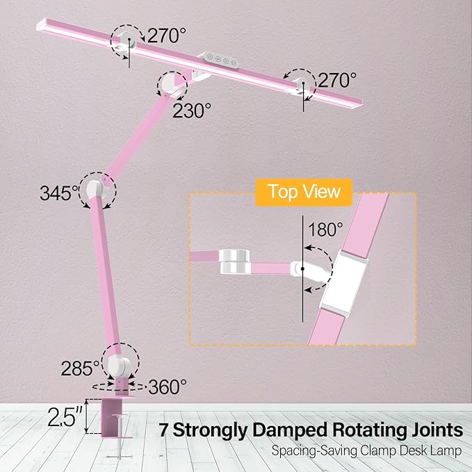 Micomlan Architect Desk Lamp for Home Office, Pink Desk Lamp with Clamp for Working, 24W Bright Rotatable Led Table Light Stepless Dimming Tempering Wide Computer Light for Crafting Puzzle Hobby