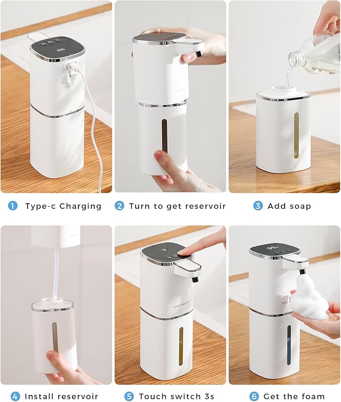 Automatic Foaming Soap Dispenser, 13.5oz/400mL, USB Rechargeable, 9-Adjustable Foam Levels, IPX5 Waterproof, Touchless & Wall/Tabletop Use for Kitchen Bathroom, White