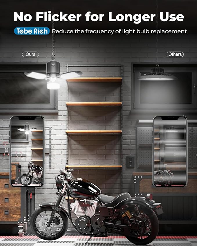 toberich Motion Sensor Garage Light Plug in, 8000LM Shop Light w/ 3 Modes, 3 Deformable LED Panels, 6500K Indoor Motion Sensor Light Bulb for Garage, Utility Room, Basement (1 Pack)