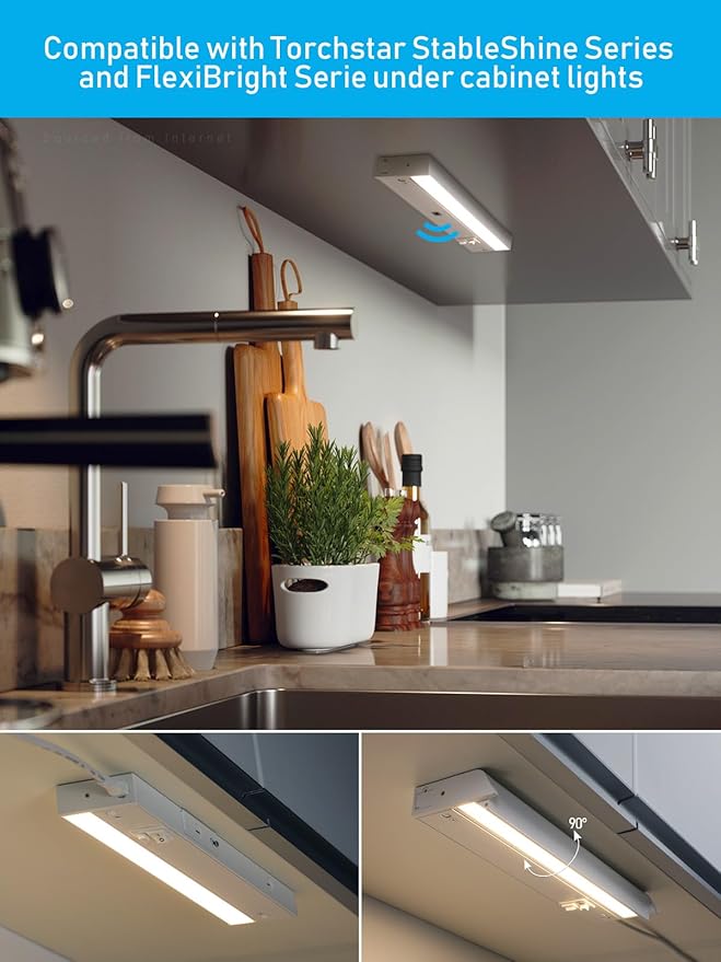 TORCHSTAR LED Under Cabinet Lighting 3CCT, 12 Inch 8W 540LM, Hardwired & Plug-in, Hand Wave Motion Sensor, CRI90 120V ETL Dimmable Under Counter Lights for Kitchen, White Aluminum Housing, Pack of 2