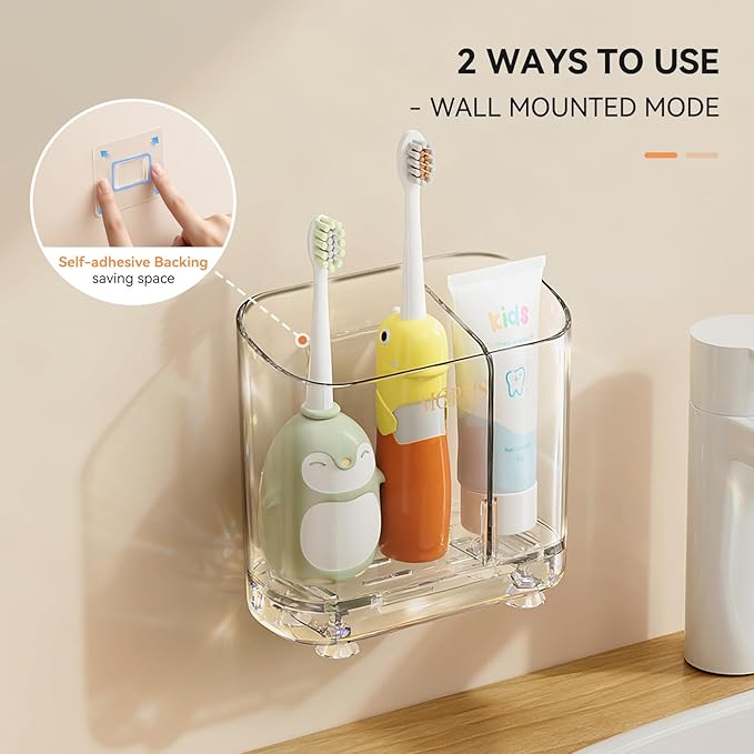 Toothbrush Holders with Drainage for Bathroom Countertop Organizer, 2 Slots Electric Toothbrush Holder Wall-Mount with Divider for Easy Clean, Tooth Brush and Toothpaste Holder for Bathroom Kitchen