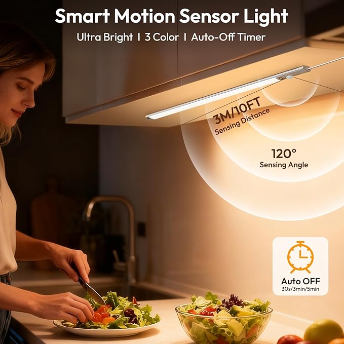 BLS 0.3" Ultra Thin Motion Sensor Under Cabinet Lights Plug in, 400LM 3 Color Dimmable LED Light Bar with Remote, USB Wired Under Counter Lighting for Kitchen Desk Shelf Workbench (No Battery), 14inch
