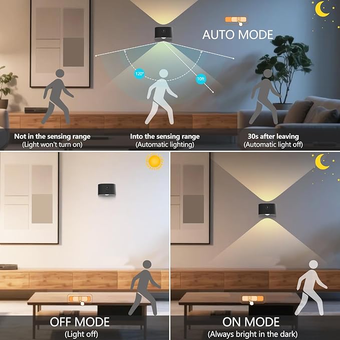 Deyagoo Rechargeable Motion Sensor Wall Light, Wireless Wall Sconce - Magnetic Base, Dimmable 3000K Warm White, 3 Modes (ON/AUTO/Off) for Closet, Stairs, Living Room - Indoor LED Wall Lamp (Black)