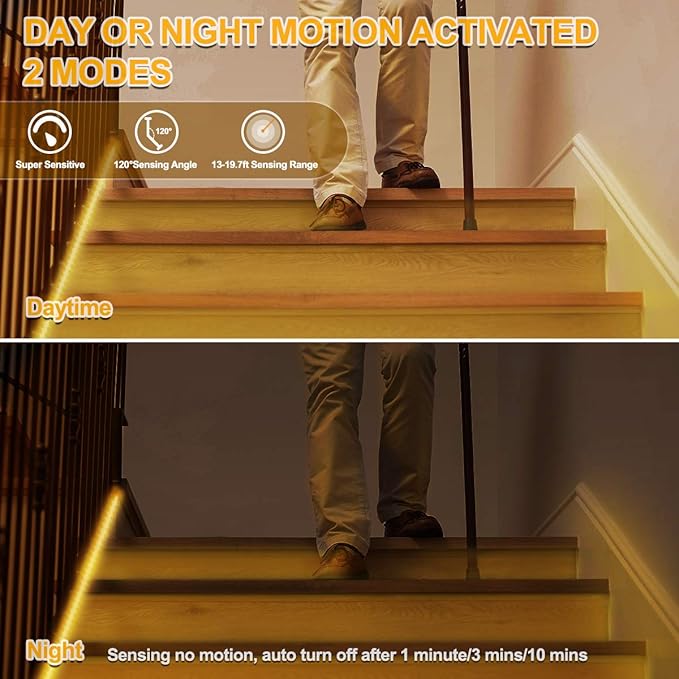 MY BEAUTY LIGHT Motion Activated LED Strip Lights, 32.8ft LED Light Strip with Day or Night 2 Lighting Modes,3 Timing Off Modes,Warm White 12v Plug-in LED Rope Lights for Under Cabinet,Kitchen,Stair