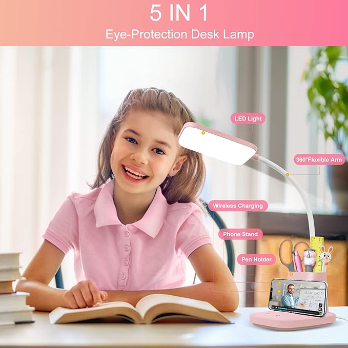 Pink Desk Lamp, Small Desk Lamp with Pen Holder, Wireless Charger LED Desk Lamps for Home Office, Kids Desk Lamps 800LM Flexible Arm 3 Modes Dimmable Touch, Study Lamps for College Dorm Room