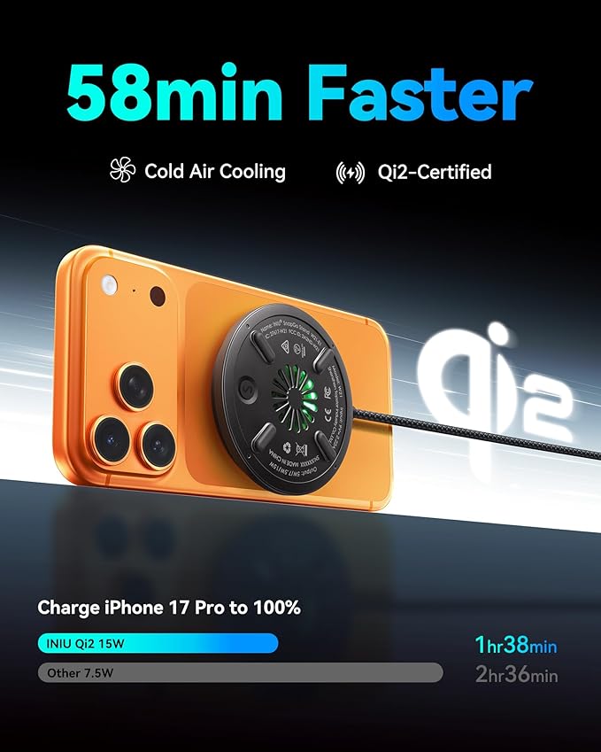INIU Magnetic Wireless Charger, Original Qi2 Certified 15W Fast MagSafe-Compatible Wireless Charging Pad, Cooling Fan Travel Charger with Samrt Phone Protection for iPhone 17-12 & AirPods 4-2, Gamers