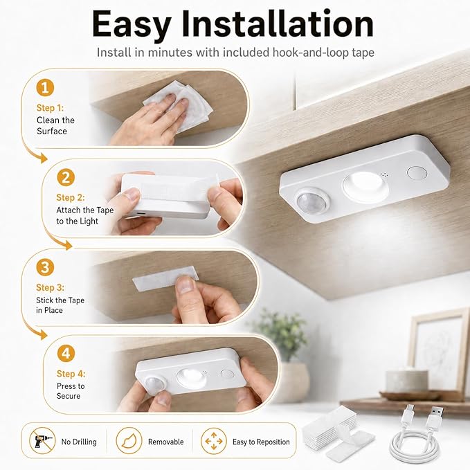 LightingWill LED Motion Sensor Puck Lights, Rechargeable Under Cabinet Lights, Stick on Wireless Night Lights, Dimmable Closet Lights for Drawer, Shelf, Hallway, Stairs, Daylight White, 8 Pack