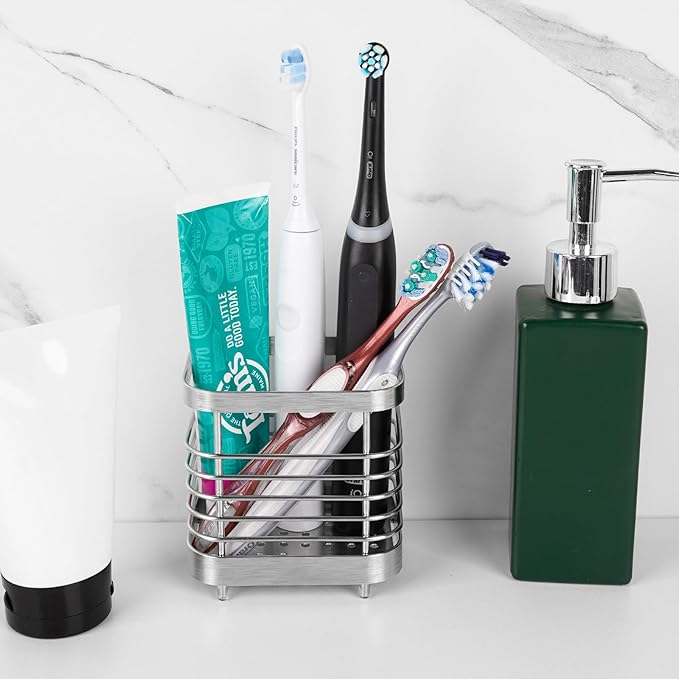Wall Mount Toothbrush Holder for Bathroom, Stainless Steel Rustproof Toothbrush and Toothpaste Holder Organizer, Electric Toothbrush Holder Self Adhesive Wallmount/Countertop Organizer(Silver Small)