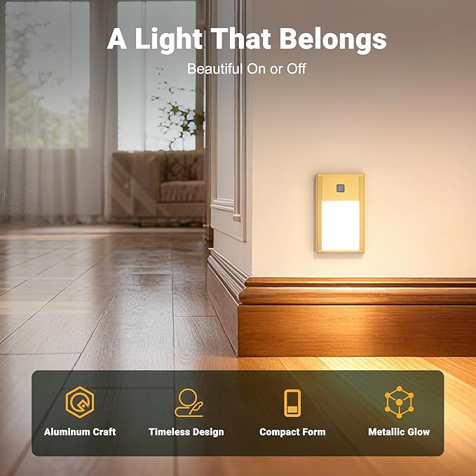 V4light Rechargeable Motion Sensor Night Lights, Ultra-Thin LED Stair Lighting for Safe Night Walking, Brushed Gold Aluminum Alloy, Magnetic Mount, 3000K Warm White Light, Ideal for Hallways & Stairs