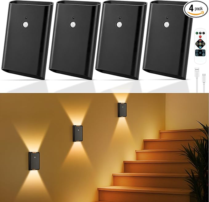 4 Pack Rechargeable Motion Sensor Wall Light: Wireless Battery Powered Wall Sconce with Remote, 3CCT Magnetic Motion Sensor Stair Light LED Indoor Up Down Wall Lamp for Bedroom Hallway Closet, Black