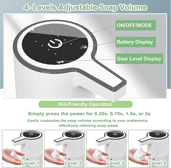 Automatic Foaming Soap Dispenser, Touchless Automatic Soap Dispenser,Soap Dispenser for Kitchen,Continuous Flow Control,400ml Capacity,Rechargeable Waterproof Adjustable Volume for Bathroom & Kitchen