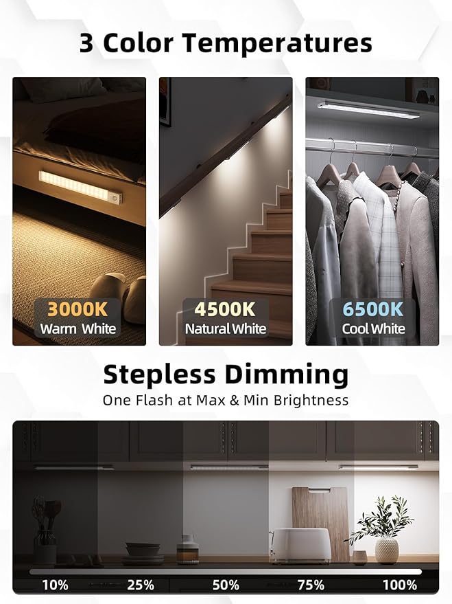 EZVALO 6 Pack LED Under Cabinet Lights Wireless with Charging Station, 11.8'' Motion Sensor Light Indoor, 1100mAh Rechargeable, 3 Color Temperatures, Dimmable Closet Lights for Pantry, Hallway, Stair