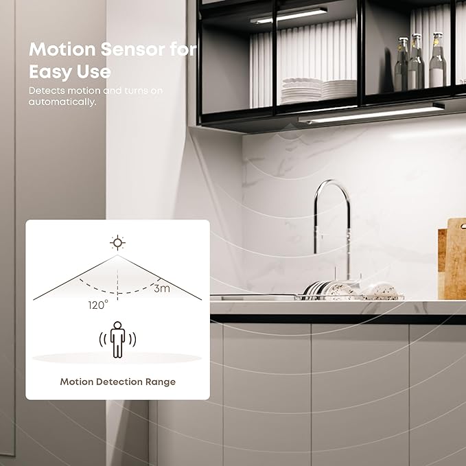 LROLTEF Under Cabinet Lighting Wireless, 2 Pack 15.7 inch 2200mAh 6500K Dimmable Motion Sensor Light Indoor, Rechargeable LED Under Counter Lights for Kitchen, Shelf, Stairs, Closet