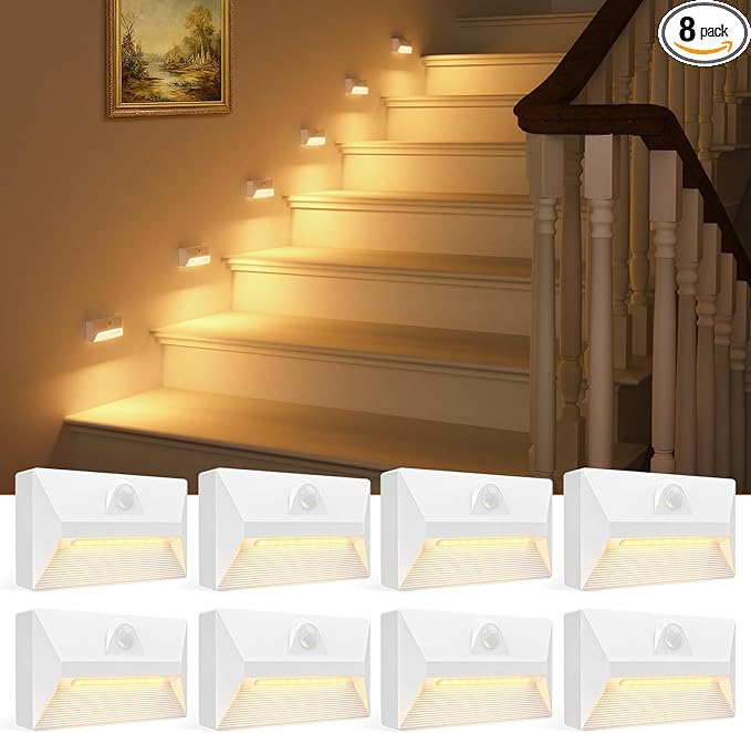 VOLISUN Motion Sensor Stair Light Rechargeable 8 Pack, Night Lights 3 Modes & 3 Color Temperatures, Magnetic Rechargeable Stick-On Lights for Stairs, Hallway, Cabinet(White)