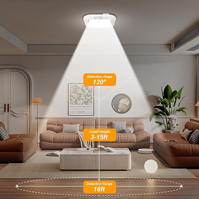 Motion Sensor Ceiling Light Battery Operated, 180LM 6000K Battery Closet Lights Motion Sensor, 48LED Wireless Ceiling Light Motion Activated for Pantry Cabinets Shed, Cool White,2-Pack