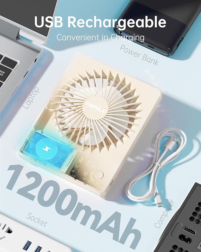 TriPole Mini Portable Desk Fan Rechargeable Ultra Quiet Small Fan 4.5 Inch Personal Travel Fan with 180° Tilt Folding and 3 Speeds Adjustable for Office Desktop Bedroom (Beige)