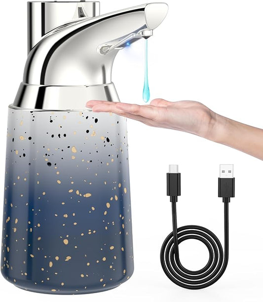 Adjustable Automatic Soap Dispenser Touchless, Ceramic Material，4 Adjustable Levels， Type-c Rechargeable Operated Sensor Liquid Soap Pump，Touch-Free Hand Sanitizer Dispenser (Starry Silver)