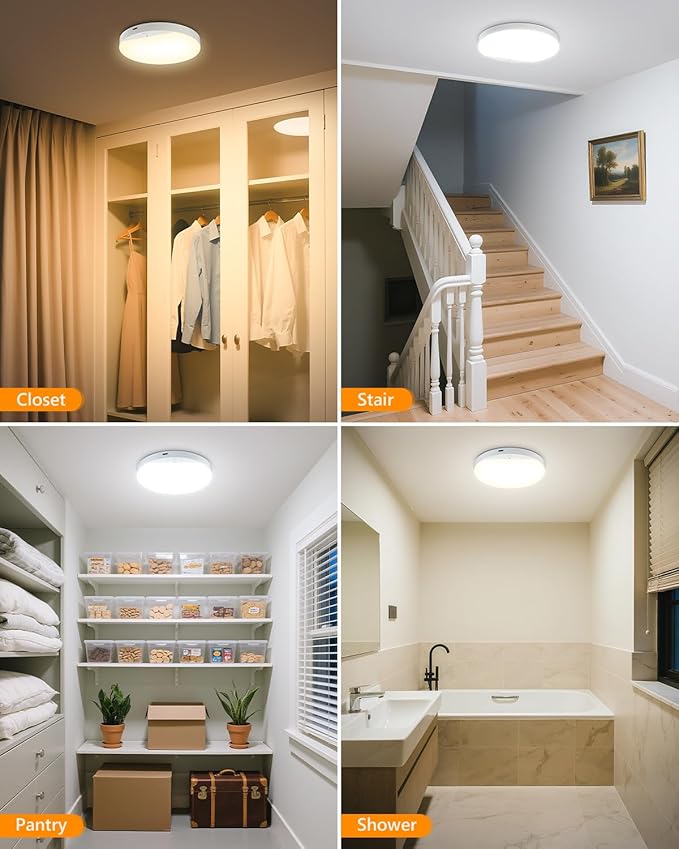 Rechargeable 6W Motion Sensor Ceiling Light Indoor, No Wiring & Magnetic Stick-On, Remote Control for Color & Brightness, Battery Operated Light for Shower, Closet, Bathroom, Pantry, Hallway, 1-Pack