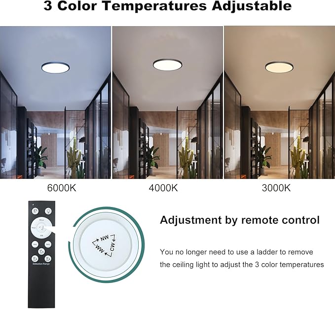 12 Inch Motion Sensor Ceiling Light Indoor Wired, Motion Activated Flush Mount Light Fixture, Motion Sensor Light Indoor for Closet Hallway Porch Laundry Garage Basement, 3000k/4000k/6000k Black