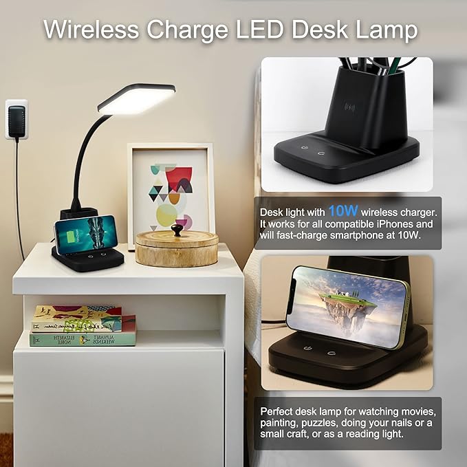 Desk Lamp, LED Desk Lamps for Home Office, Wireless Charger Small Desk Lamp with Pen Holder, 3 Color Modes, Dimmable, CRI 85, 800LM, Study Lamps for College Dorm Room, Adapter Included, Black