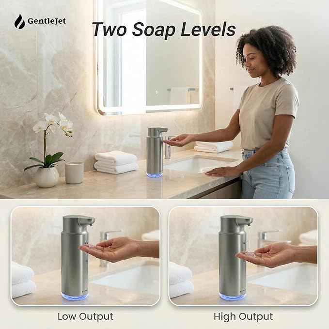 GentleJet CrystalJet Automatic Liquid Soap Dispenser Touchless Sensor, Stainless Steel, USB-C Rechargeable, Waterproof Kitchen & Bathroom Countertop Soap Dispenser, 300 ml