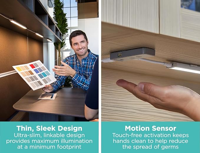 PureOptics LED Under Cabinet Light Kit, Motion Sensor, Dimmable, Linkable, 3 Color Settings, Tool-Free, for Kitchen, Cabinets and Closets, (3) 9" Bars