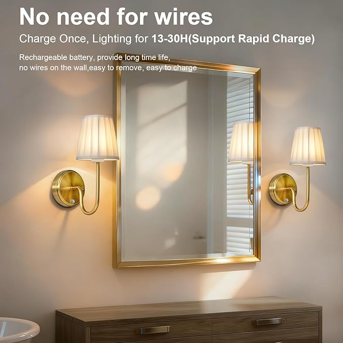 Battery Operated Motion Sensor Wall Sconce, Rechargeable Wireless Gold Wall Lamp with 5200mAh Battery, Dimmable Wall Sconce Light with Switch and Remote for Living Room, Bedroom, Hallway