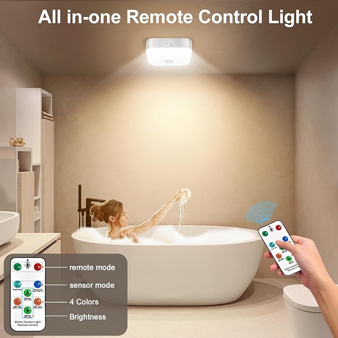 Yunaking Rechargeable Ceiling Light with Motion Sensor: Battery Operated LED Closet Light with Remote & Timing - Wireless Dimmable Magnetic Mount Shower Lamp for Bathroom/Stairs/Garage/Hallway