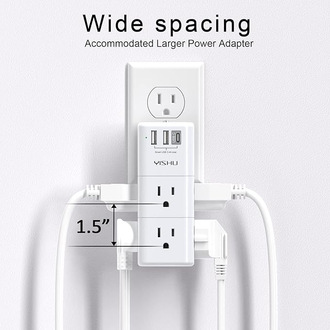 USB Multi Plug Outlet Extender - YISHU Surge Protector with Rotating Plug, 6 AC Plug Extender with 3 USB Ports, 3-Sided Swivel Power Strip Best Ideal Stocking Stuffers for Adults