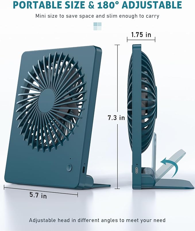 Zuvas Desk Fan Battery Operated Fan Rechargeable 180°Tilt Folding Personal Fan Ultra Quiet Small Portable 3 Speed Adjustable Strong Wind Fan For Office Bedroom Home Desktop Camping (Deep Green)