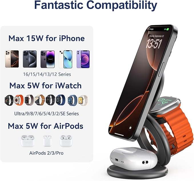 KU XIU X63 3 in 1 Charging Station for Apple, Aluminum Alloy Foldable Magnetic Wireless Charger, Travel Charger for iPhone 17/16/15/14/13/12 Series, Apple Watch & AirPods (with 20W Adapter)-Gray