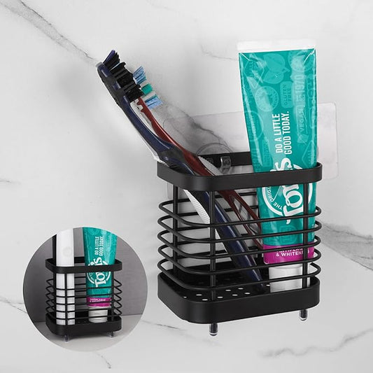 Wall Mount Toothbrush Holder for Bathroom, Stainless Steel Rustproof Toothbrush and Toothpaste Holder Organizer, Electric Toothbrush Holder Self Adhesive Wallmount/Countertop Organizer(Black Small)