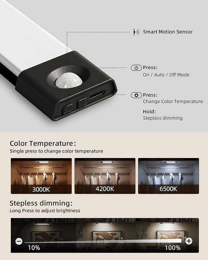 EZVALO Under Cabinet Lighting, Wireless Closet Lights, 50 LED Rechargeable Motion Sensor Light, Dimmable, 3 Color Temperatures, 11.8 in Counter Lights for Kitchen, Pantry, Wardrobe (3 Pcs, Black)