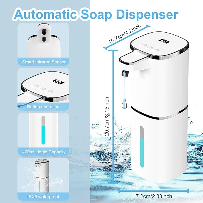 OHIFAST Automatic Liquid Soap Dispenser Touchless, USB Rechargeable Smart Hand Soap Dispenser, 9-Level Adjustable, Physical Button Operation, 13.5oz/400mL Wall Mounted for Bathroom Kitchen Dish Soap