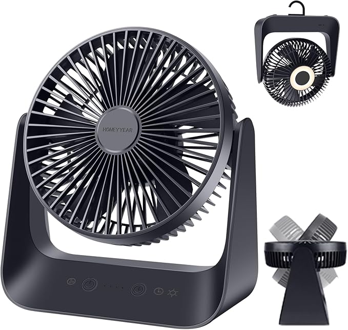 5000mAh Small Desk Fan 6-Inch, Portable Desktop Fan with Intelligent temperature control function,Small Battery Operated USB Fan with Light & Hook for Bedroom, Home, Office, Travel & Cruise